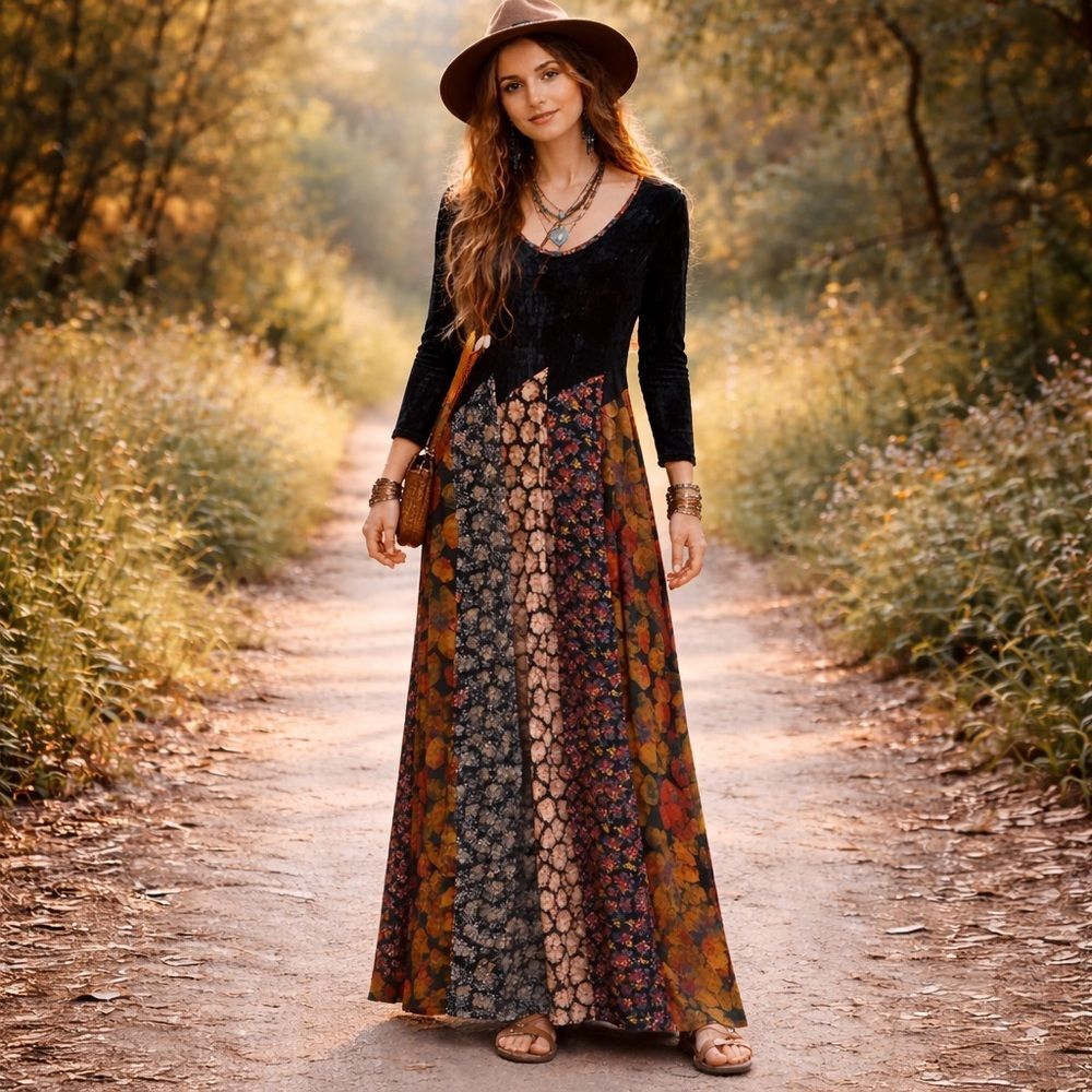 Vintage Handmade Patchwork Whimsygoth  Hippie Maxi Dress Long Sleeve Velvet‎